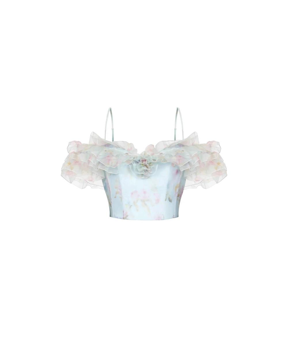 Мэй (May), топ из голубой органзы с цветочным принтом