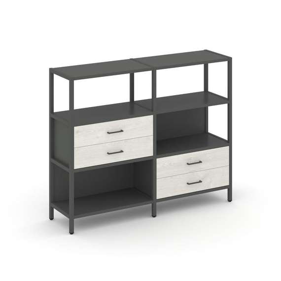 Shelf System Двухсекционный стеллаж трехярусный с ящиками SN.STM-323 Антрацит/Дуб Наварра/Металл Ант