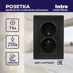 Розетка Intro Plano 1-204-05 без заземления двойная 2х2P 16А-250В IP20 скрытой установки черный
