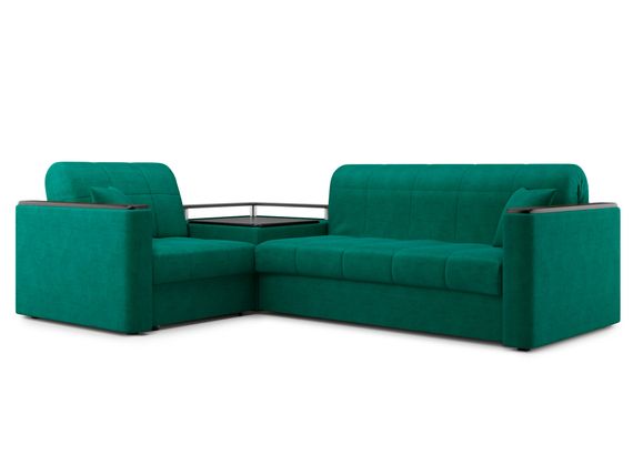 Диван угловой с Баром Неаполь 1,2 - Velutto 33 изумрудный/ коричневая накладка