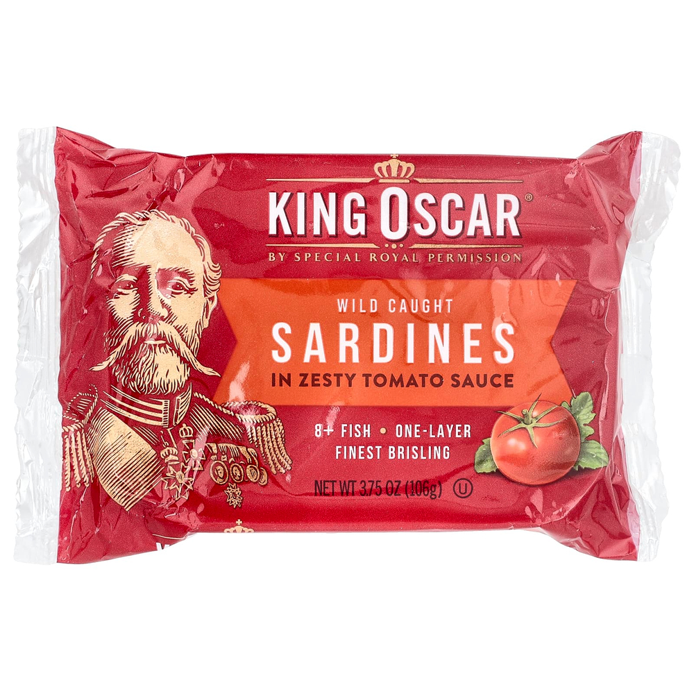 King Oscar, сардины дикого улова, в пикантном томатном соусе, 106 г (3,75 унции)