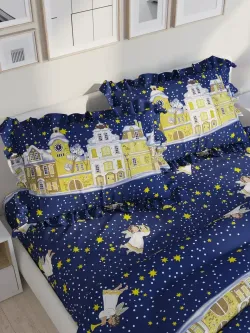 Декоративная наволочка с рюшами, оборками "Домики" 40х60 см, 1 шт, без молнии