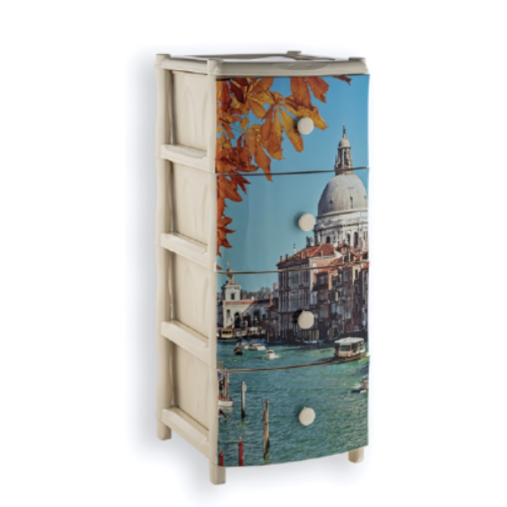 Комод "Элластик" 4 ящика с рисунком на фасаде "Венеция", ножки на колесиках