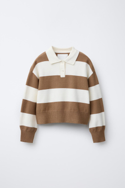 ZARA ТРИКОТАЖНЫЙ СВИТЕР С ВОРОТНИКОМ ПОЛО, БЕЖЕВЫЙ