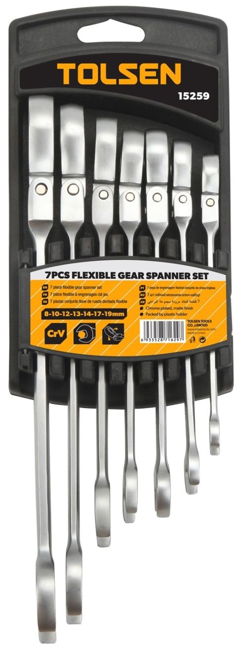 TOLSEN (TT15259) Набор комбинированных трещоточных ключей с шарниром, 8-19 мм, 7 предметов