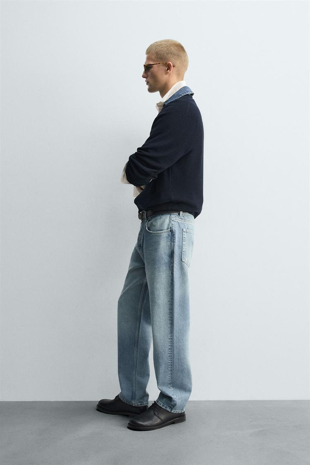 ZARA ТРИКОТАЖНОЕ ПОЛО С КОМБИНИРОВАННЫМ ДЖИНСОВЫМ ВОРОТНИКОМ, МОРСКОЙ СИНИЙ