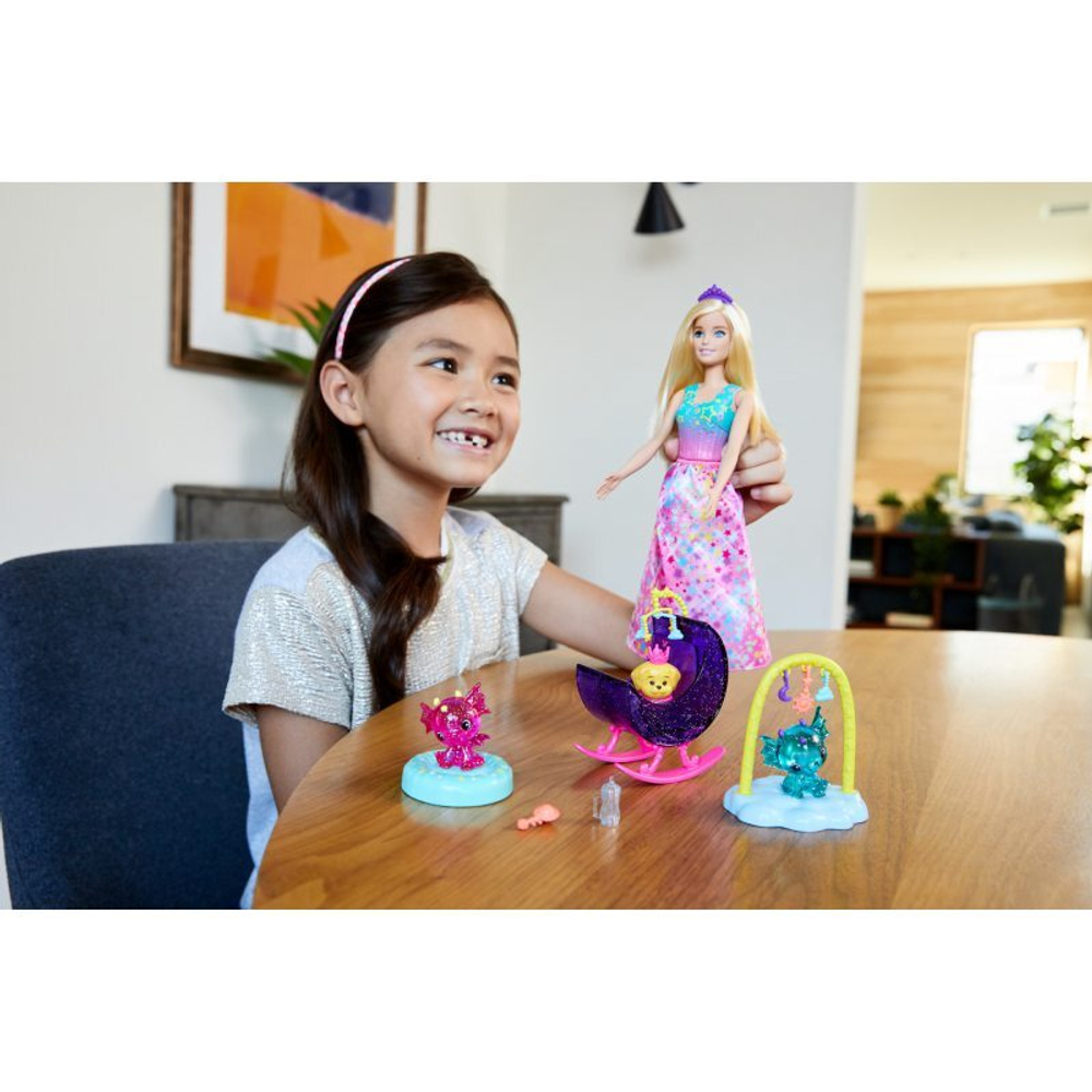 Barbie Dreamtopia - сказочная детская кукла-принцесса, драконы и щенок + аксессуары GJK51