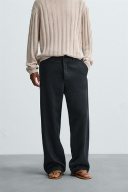 ZARA ПРЯМЫЕ БРЮКИ ИЗ 100% ЛЬНА, МОРСКОЙ ТЕМНО-СИНИЙ