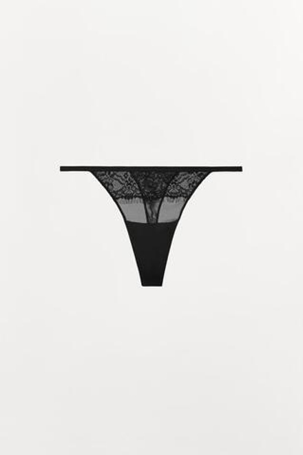 ZARA КРУЖЕВНЫЕ ТРУСЫ-ТАНГА, ЧЕРНЫЙ