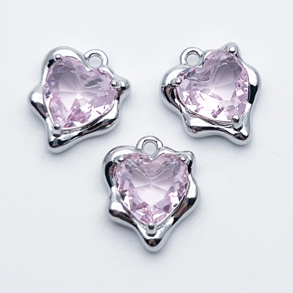 Подвеска Сердце, цвет серебро (родий) + розовый, размер 13*10 мм, цена за 1 шт