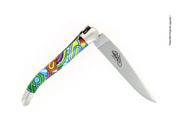 Folding knife, 11 cm blade, 2 stainless steel bolsters, shiny finish, acrylic handle, Antares design