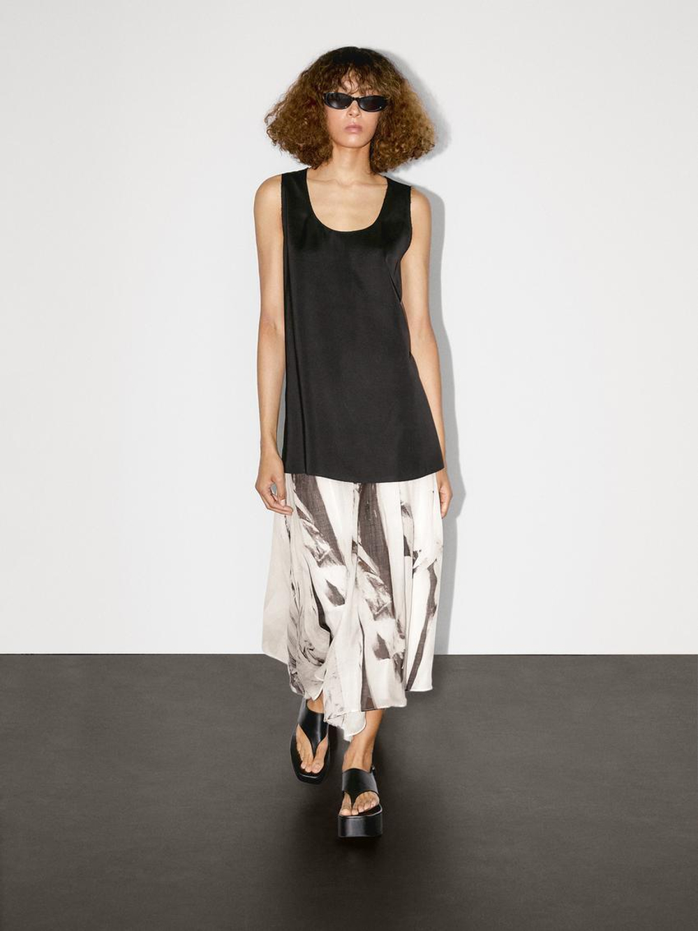 Massimo Dutti Длинная атласная блузка без рукавов, черный