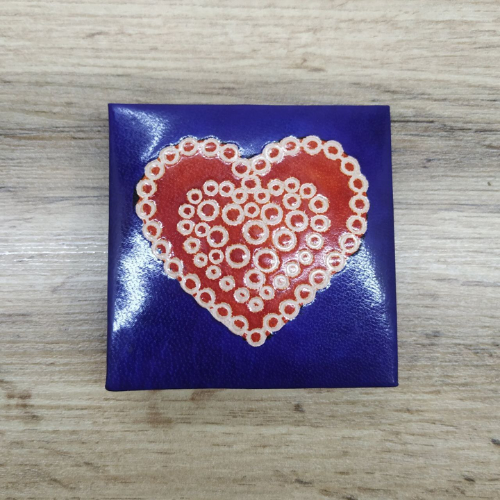 Кошелек под мелочь Сердце, цвет синий, кожа, ручной принт 7x7x1,5 см