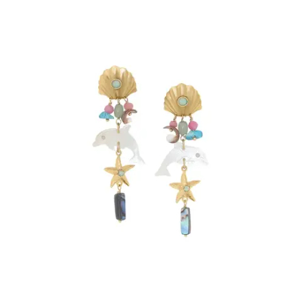 Серьги Franck Herval, Summer, с ракушкой, нефритом, гелиотисом, перламутром, бирюзой и кристаллом, F