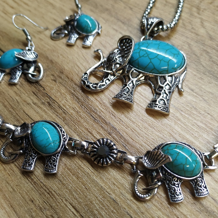 Набор бижутерии Слон: Подвеска (44x40 мм) + Браслет + Серьги, бирюза, 46 см, 18 см