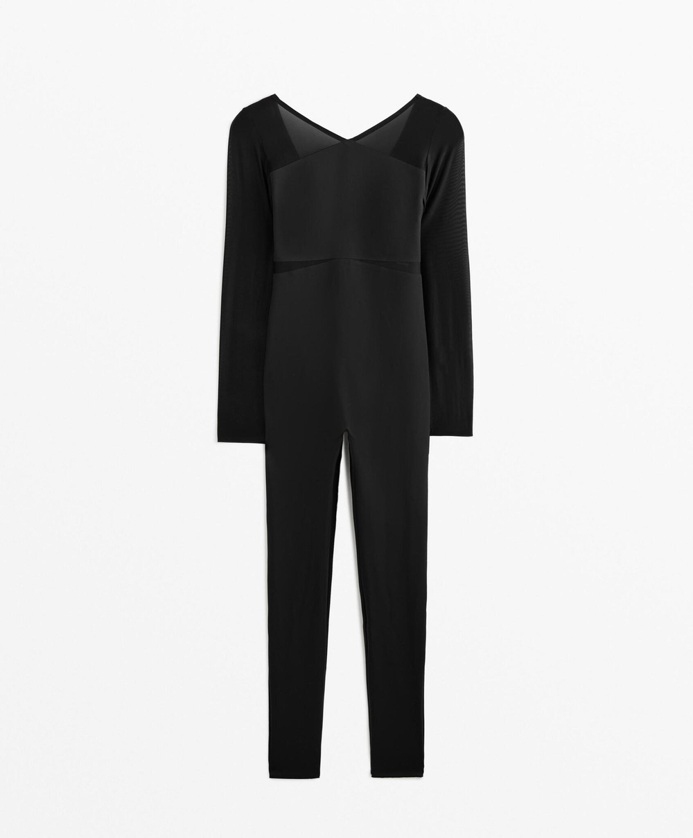 Oysho Длинный комбинезон Perfect-Adapt с сетчатыми вставками, черный