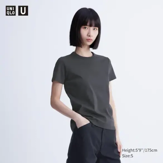 UNIQLO ФУТБОЛКА С КРУГЛЫМ ВЫРЕЗОМ, ТЕМНО-СЕРЫЙ