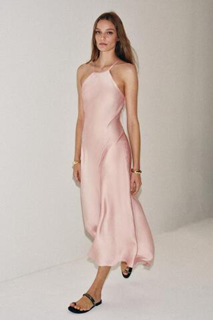 ZARA АТЛАСНОЕ ПЛАТЬЕ ХАЛТЕР ZW COLLECTION, РОЗОВЫЙ