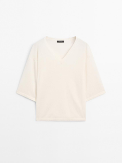 Massimo Dutti Свитер из смесовой шерсти с V-образным вырезом, белый