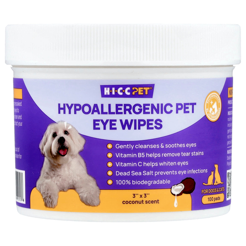 HICC Pet, гипоаллергенные салфетки для глаз, для собак и кошек, с кокосом, 100 шт.