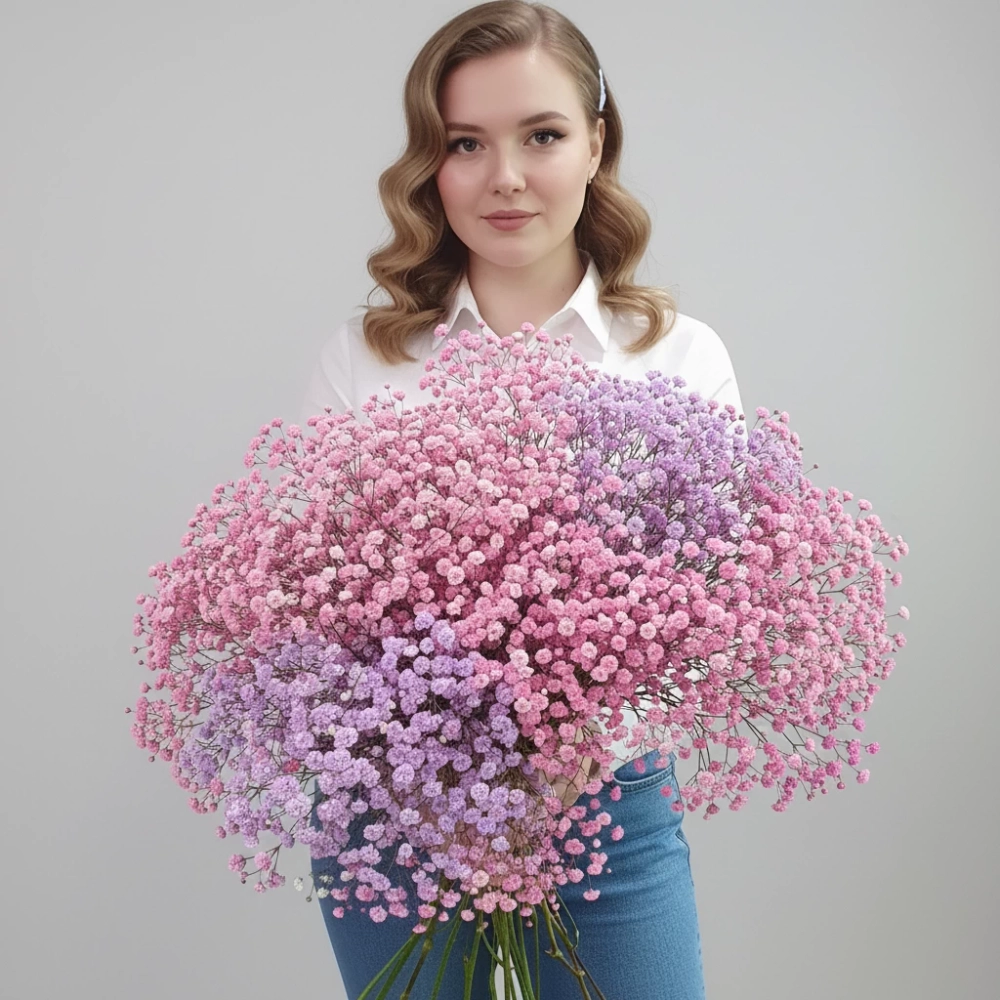 Охапка цветная гипсофила розово-фиолетового оттенка.