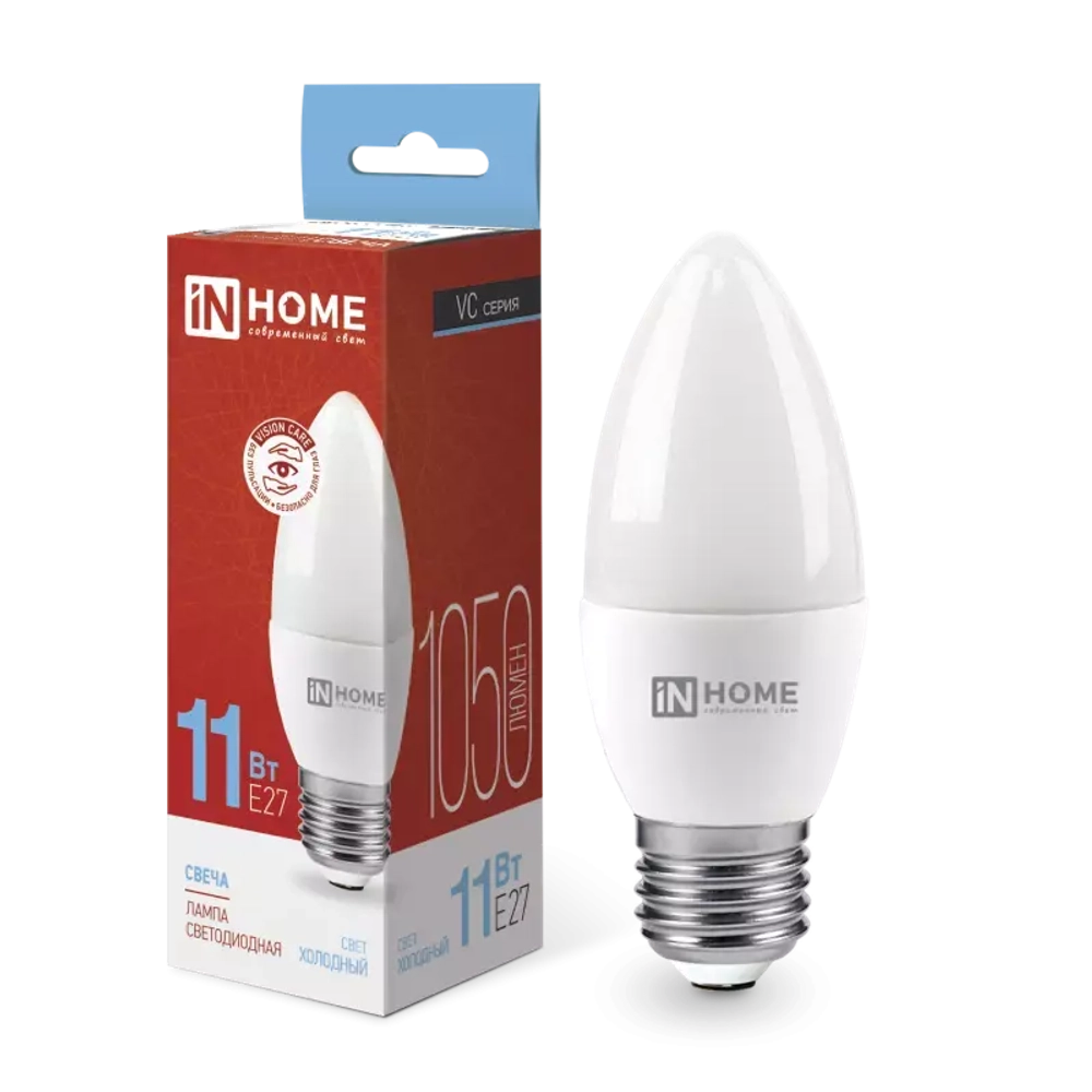 Лампа светодиодная LED-СВЕЧА-VC 11Вт 230В Е27 6500К ХОЛОДНЫЙ 1050Лм IN HOME
