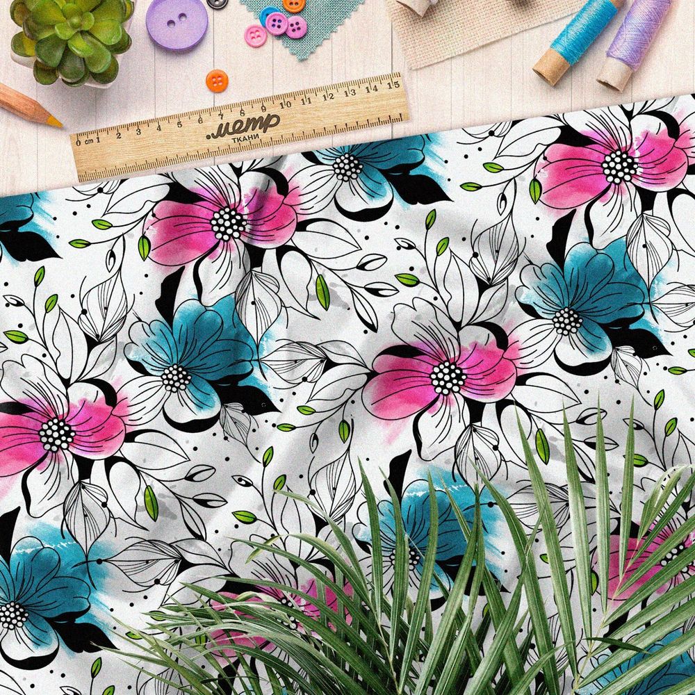 Ткань поплин графические цветы