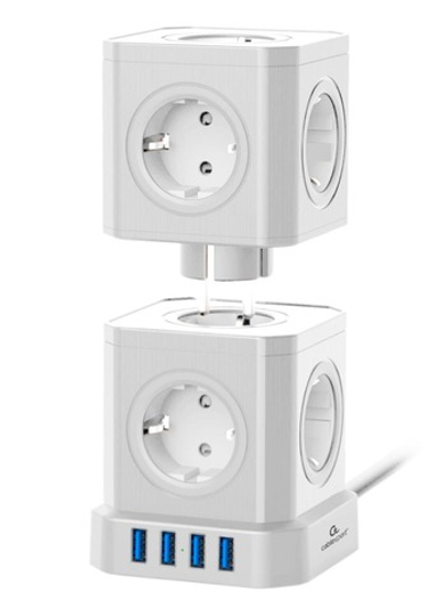 Сетевой фильтр Cablexpert Tower TWR-9-U4-W-2, 9р, 16А, 4хUSB, 3.1А, 2м, ур.защиты 4+, коробка белый
