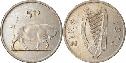 Ирландия 5 пенсов, 1969-1990 Бык XF