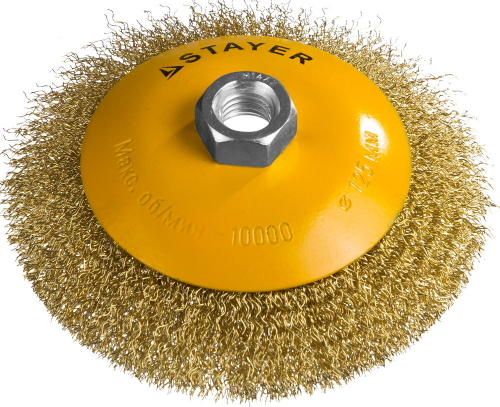 STAYER ″PROFESSIONAL″. Щетка коническая для УШМ, витая стальная латунированная проволока 0,3мм, 125ммхМ14