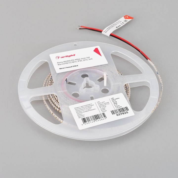 Светодиодная лента Arlight 12W/m 266LED/m 2216SMD теплый белый 5M MICROLED-M266-4mm 24V Warm2700 037825
