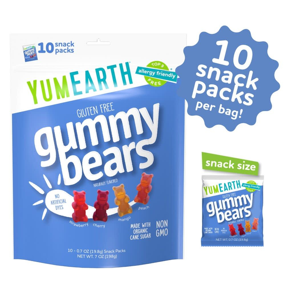 YumEarth, жевательные мишки без глютена, клубника, вишня, манго, персик, 10 порционных упаковок по 19,8 г (0,7 унции)