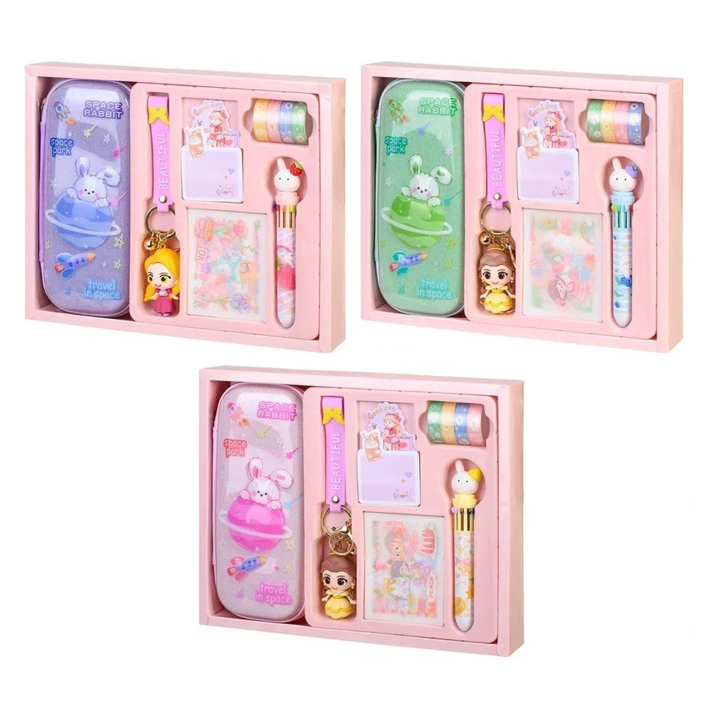 Канцелярский набор Basir с пеналом, брелоком, 10-ти цветной ручкой, наклейками, блоком для записей и скотчем, серия "Принцесса", ассорти