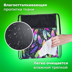 Мешок для обуви BRAUBERG БОЛЬШОЙ, с ручкой, карман на молнии, сетка, 49х41 см, "Feathers", 271057
