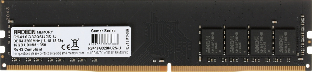 МОДУЛЬ ПАМЯТИ 16GB DDR4 3200MHZ PC4-25600MHZ AMD RADEON R9 GAMERS SERIES BLACK CL16 1.35V NON-ECC RTL R9416G3206U2S-U