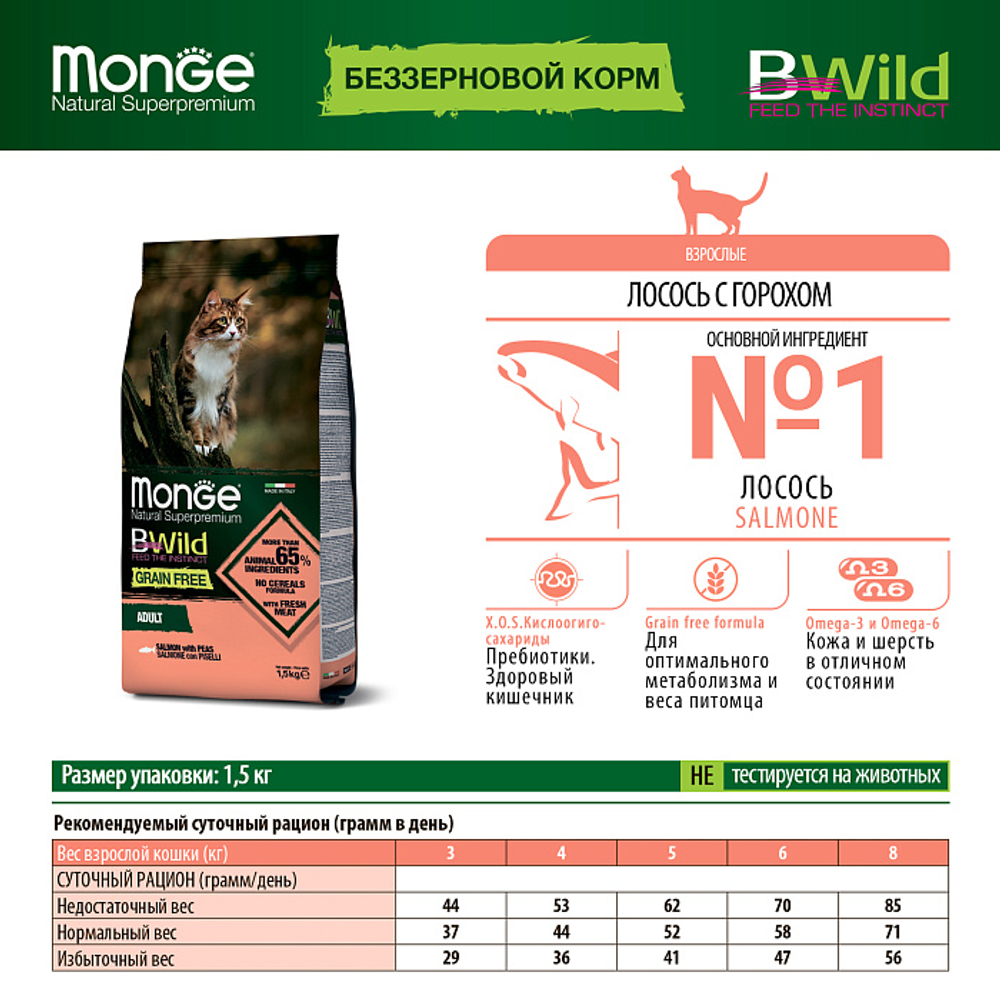 Сухой корм Monge Cat BWild GRAIN FREE для кошек, из лосося, беззерновой, 1,5 кг
