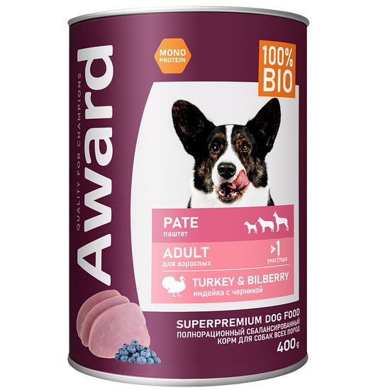 Влажный корм AWARD для взрослых собак паштет из индейки с черникой
