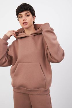 Утепленное худи свободного кроя цвета молочный шоколад