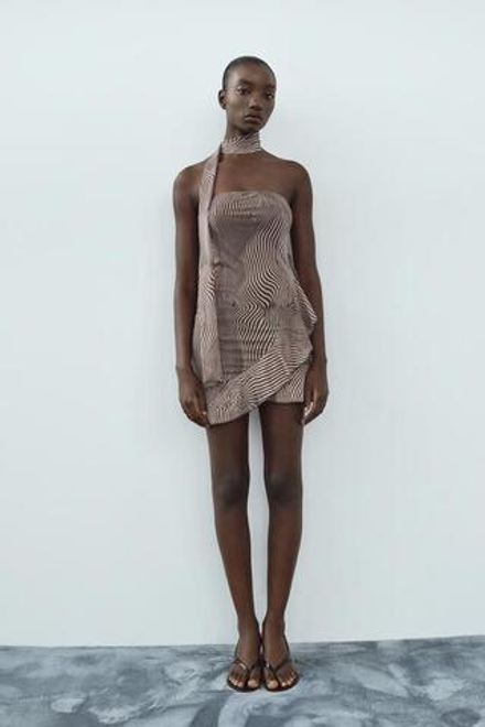 ZARA ПЛАТЬЕ ИЗ ПОЛУПРОЗРАЧНОЙ ТКАНИ С АНИМАЛИСТИЧЕСКИМ ПРИНТОМ, ЗЕБРА