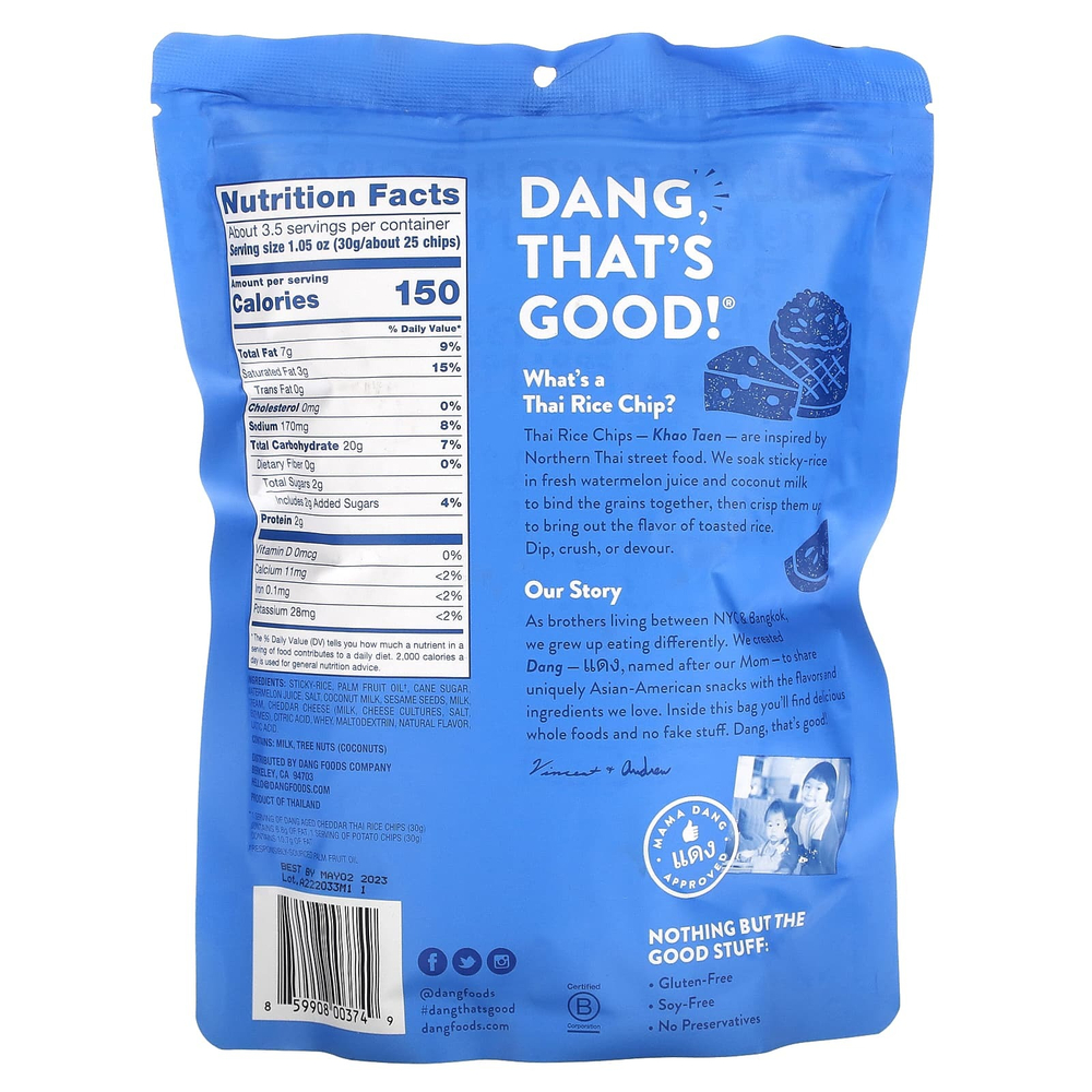 Dang Foods, Тайские рисовые чипсы, выдержанный чеддер, 100 г (3,5 унции)