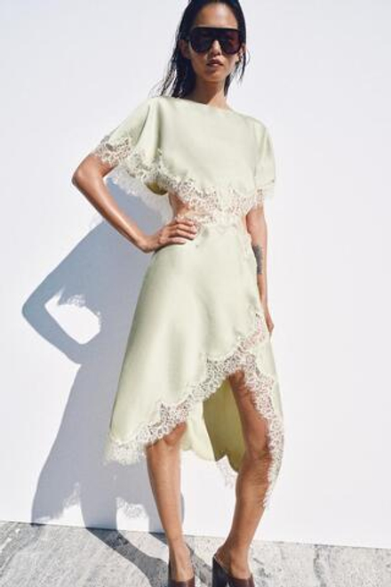 ZARA ПЛАТЬЕ МИДИ С ВЫРЕЗОМ И КРУЖЕВОМ — ZW COLLECTION, ВОДЯНИСТО-ЗЕЛЕНЫЙ