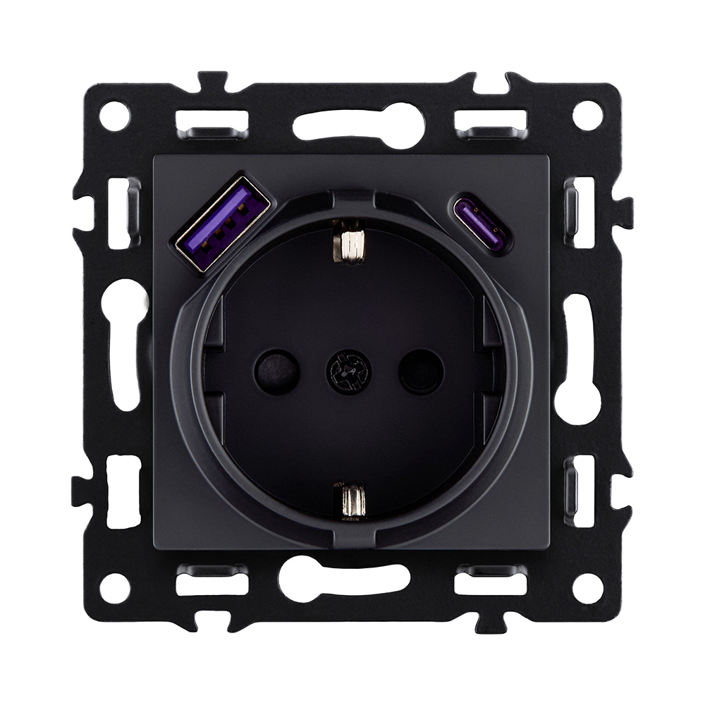 Розетка штепсельная SCHUKO 16A/250 В с USB A+C 20W, черный Kollinger Asthetik AS-016BK