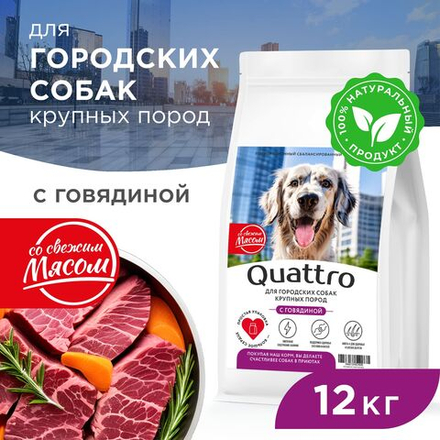 Корм сухой для взрослых собак крупных пород, премиум полнорационный комплекс, для городских собак, с говядиной, 12 кг, QUATTRO
