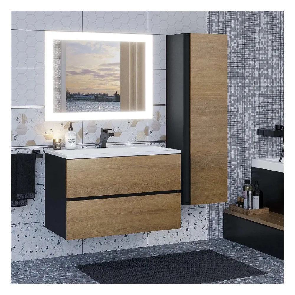 Тумба с раковиной Uperwood Barsa 80 см, раковина белая, подвесная тумба черная/дуб сонома