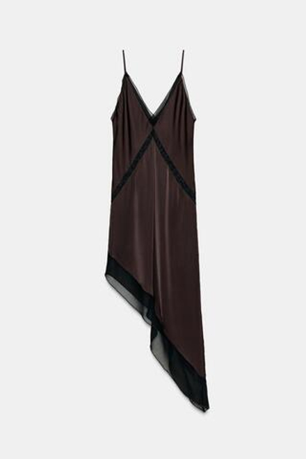 ZARA АТЛАСНОЕ ПЛАТЬЕ МИДИ АСИММЕТРИЧНОГО КРОЯ, КОРИЧНЕВЫЙ