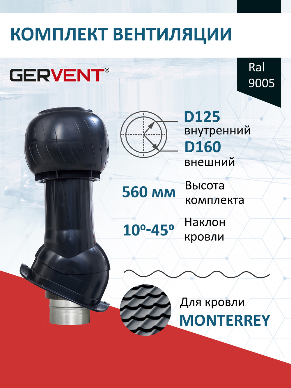 Готовый комплект изолированный серия Static (колпак): Monterrey, Ø 125/160 мм, RAL9005, Gervent