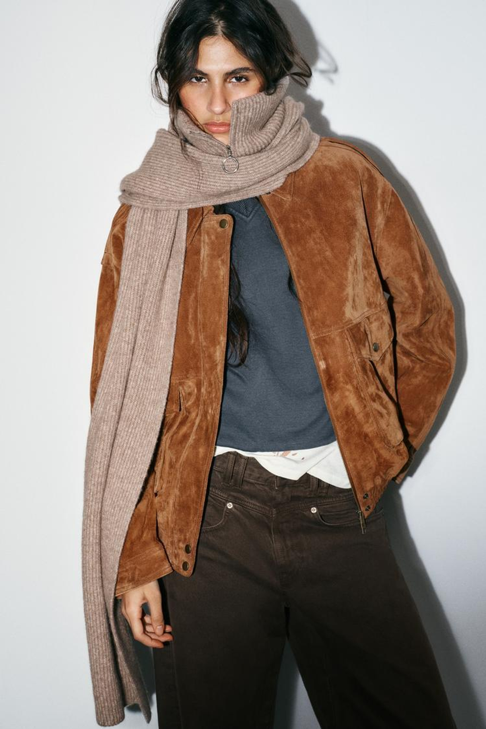 ZARA ТРИКОТАЖНЫЙ ШАРФ С ВОРОТНИКОМ-СТОЙКОЙ, РЫЖЕВАТО-КОРИЧНЕВЫЙ