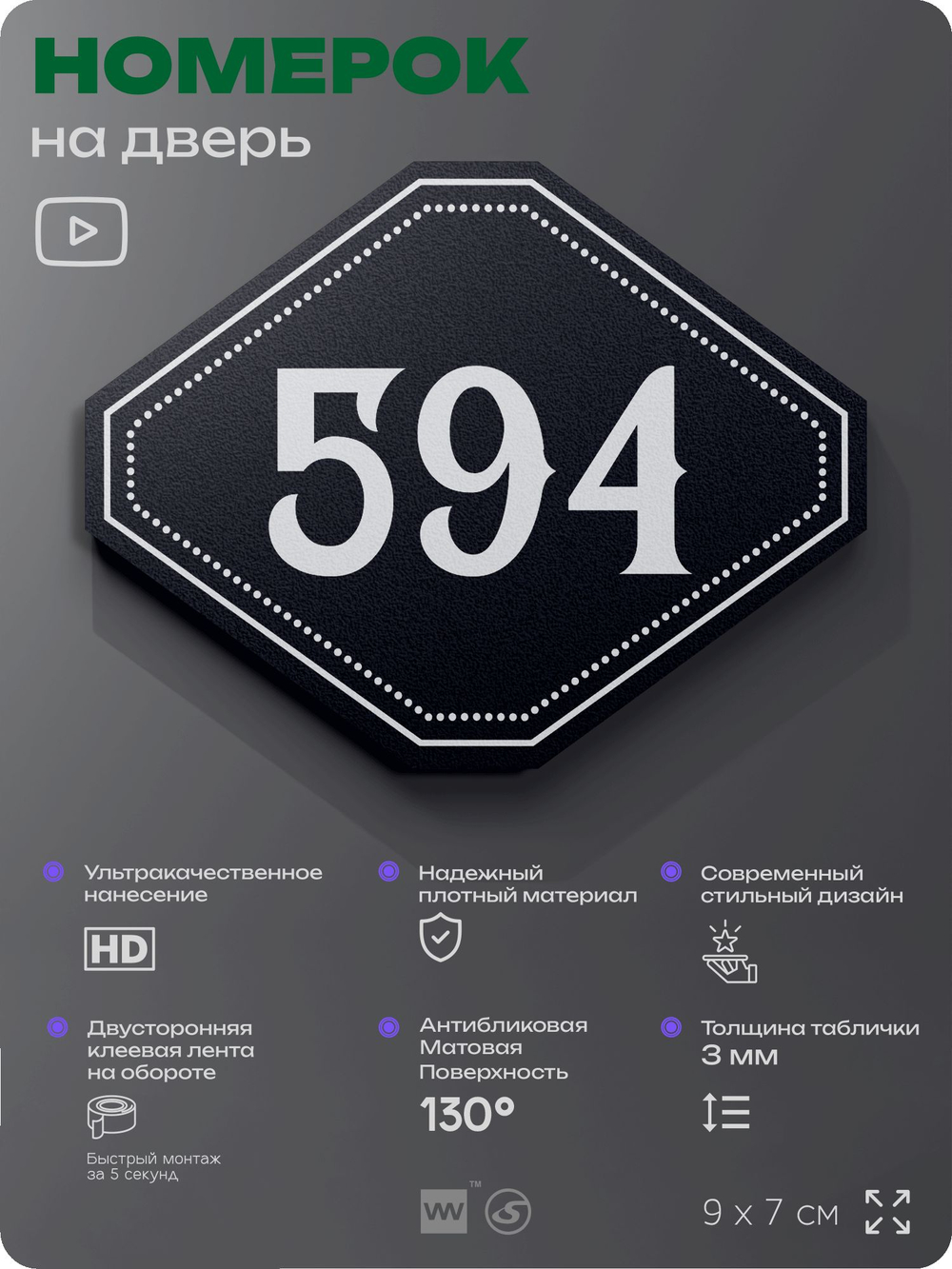 Номерок на дверь квартиры 594, для кабинета, офиса, шильдик 9 х 7 см, черный, Айдентика Технолоджи