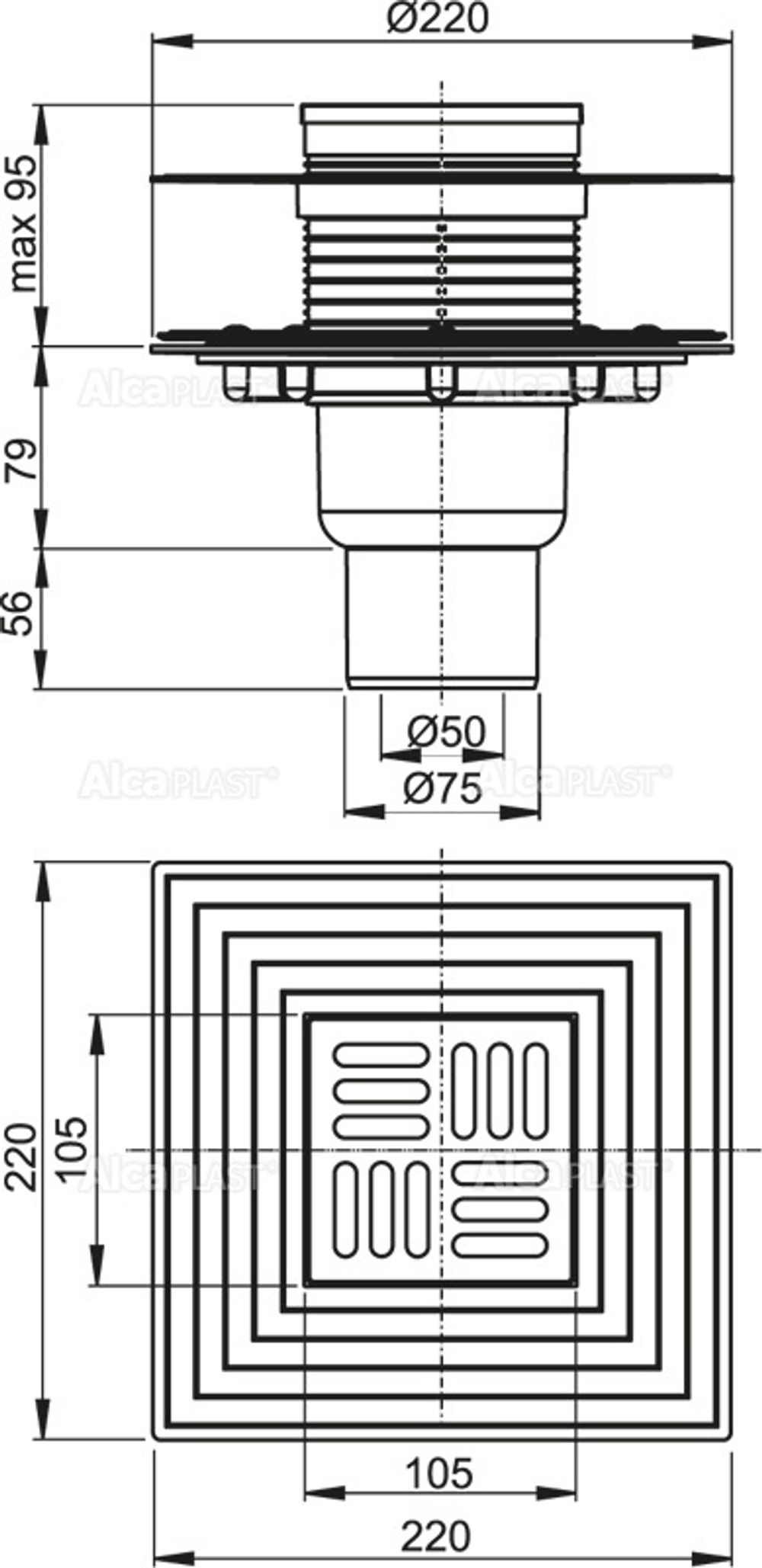 Сливной трап AlcaPlast APV4344 105 x 105/50/75