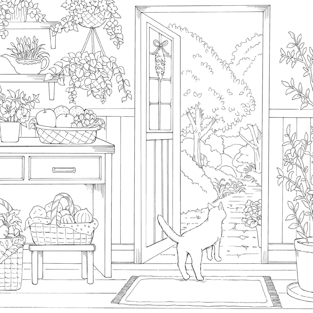 Cats and Their Cute Friends on a Flower Path. Coloring Book